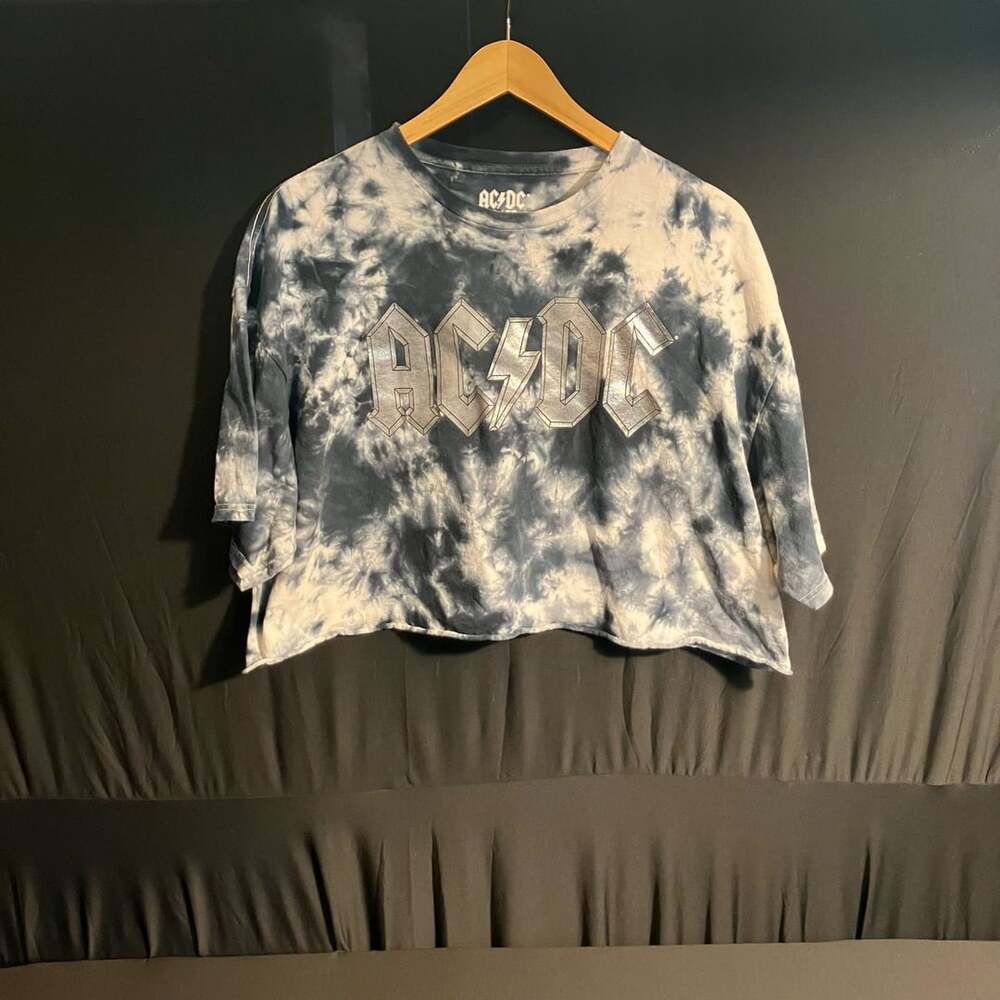 AC/DC Blue and White Tie-Dye Cropped T-Shirt with Iridescent Logo Size XL